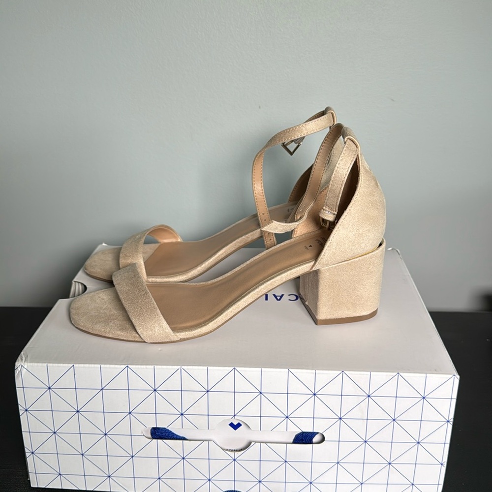 NWT Beige Faux Suede Block Heel Sandals